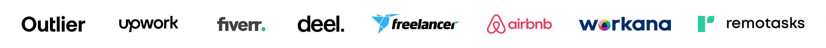 Outlier, Upwork, Fiverr, Deel, Freelancer, Airbnb, Workana and Remotasks