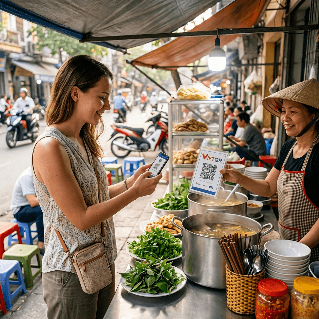 Scanning a local merchant QR code to pay