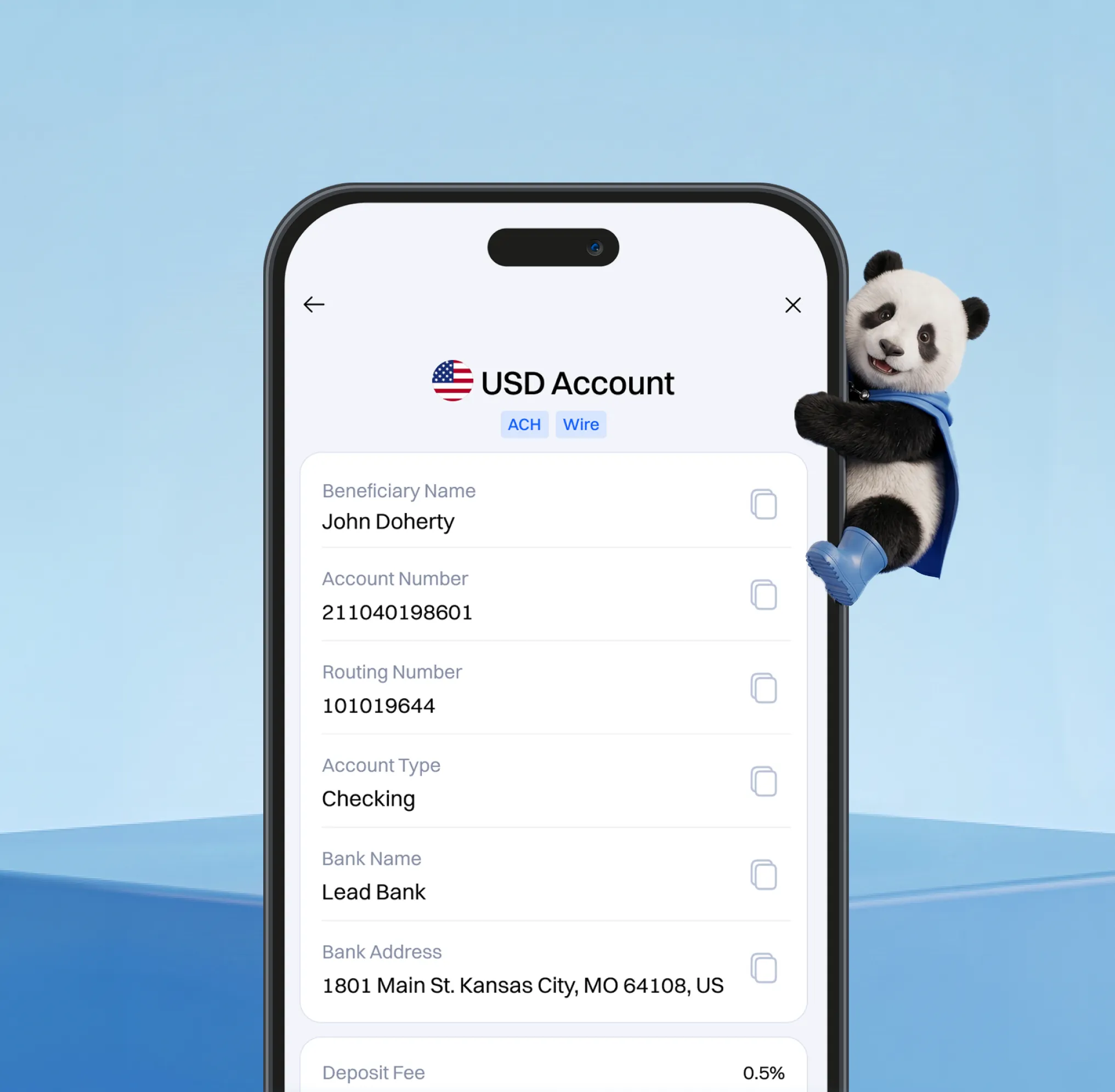 SuperCash global USD account details with the panda mascot